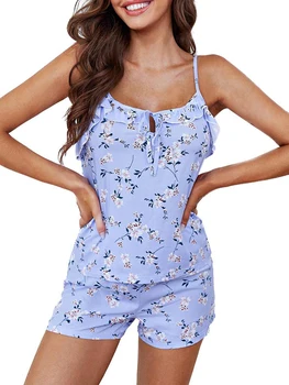 Moterų Pižama Komplektas 2 vnt Loungewear Tinka Gėlių Spausdinti Maivymasis Kaklaraištis-Iki Camisoles tankų ir Šortai Sleepwear Komplektai