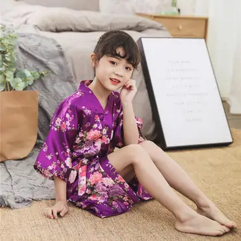 Violetinė Vasaros Aukštos kokybės Satino Vaikų Kimono Rūbeliai Bridesmaid, Gėlių mergaičių Drabužius, Šilko vaikų chalatas Padažu Gėlių Suknelė 18