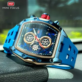 MINI FOCUS Blue Kvarco Žiūrėti Vyrų Mados Karinės Sporto Chronograph Laikrodis su Šviesos Rankas Auto Data Silikono Dirželis 11