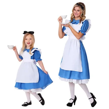 Vaikų Mergaičių Mėlyna Alice Kostiumas Alisa Stebuklų Šalis Tarnaitė Lolita Cosplay Suaugusių Moterų Helovinas Princesė Fancy Dress Up Apranga 16