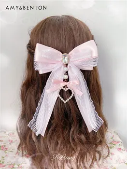 Rankų darbo Japanese Sweet Pink Kawaii Mielas Nėrinių Meilės Didelis Drugelis Plaukų Įrašą Lolita Mano Hairwear Įrašą Staigius peteliškę Moterims 17