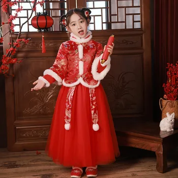 Naujųjų Metų Mergaitė Raudona Phoenix Spausdinti Hanfu Drabužių Šiltas Cheongsam Kinijos Tang Kostiumas Vaikas Žiemos Plius Aksomo Gražus Šalis Suknelė 20