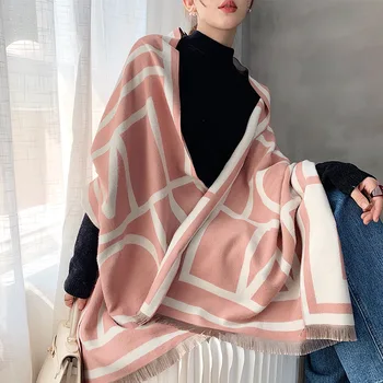 Mados Prabangių Dizainerio Žiemos Kašmyras Hijab Šalikas Actekų Geometrinis Pakraštyje Pashmina Pavogė Storio Antklodė Skaros Wrap Minkštas Foulard 14