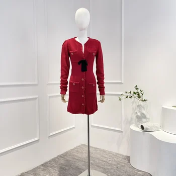 2022 m. Rudens Žiemos Naujos Kolekcijos Aukštos Kokybės Elegantiškas Raudonas Megztas Megztinis Mini Suknelė Moterims 8