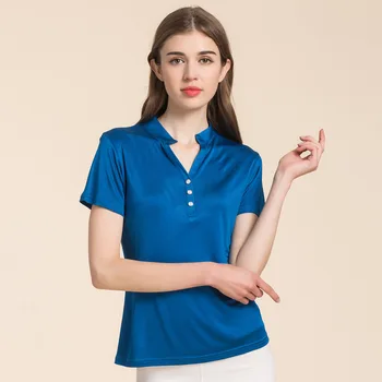Vasaros naują stilių šilko, megzti trumpomis rankovėmis T-shirt moterų mulberry šilko kietas vertikaliai apykaklės plonas dugno viršutinis dangtis 7036