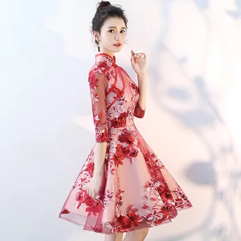 Raudoni Nėriniai Siuvinėjimo-Line Pokylių Suknelės Derliaus Mandarinų Apykaklės Kinų Suknelė Cheongsam Sijonas Vestuvės Dress Vestidos 20