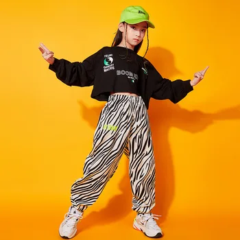 Vaikas Hip-Hop Drabužių Pasėlių Viršuje Long Sleeve T Shirt Zebras Spausdinti Streetwear Jogger Kelnės Mergaitėms Džiazo Šokio Kostiumų Drabužiai 17