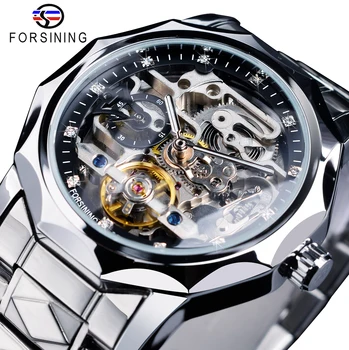 Forsining Skeletas Mechaninis Laikrodis, vyriški Tourbillion Dizaino Automatinis laikrodis atsparus Vandeniui Verslo Stiliaus Laikrodžiai, Sidabro