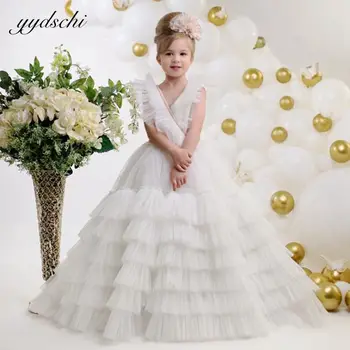 Balti Sluoksniai Tiulio, Uždusęs Gėlių Mergaitės Suknelė, Vestuvių 2023 V-Kaklo Princesė Partijos Inscenizacija Rankovių Vaikų Pirmosios Komunijos Suknelės 20