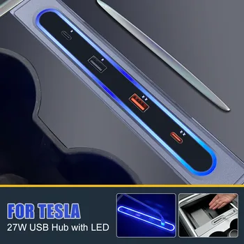 4 Prievado Tipą-C USB Hub Automobilių Konsolė 27W Greito Įkrovimo Docking Station Splitter Su Saugojimo Dėžutė Tesla Model 3 Y 21-23 8