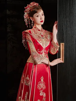 Kinų Stiliaus Vestuvių Skrudinta Duona Drabužiai Nauji 2023 Siuvinėjimo Cheongsam Qipao Tradicinių Blizgančiais Duobute Kutai Vestuvinė Suknelė 1