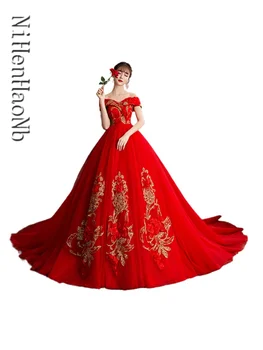 Raudona Off Peties Vestuvių Suknelės 2023 Nuotakos Suknelė Tiulio Gėlės Oficialią Šalies Saldus Vestido De Noiva 21