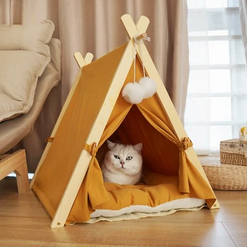 Pet palapinė namas medienos šuo lova, šuniukas katės patalpų lauko palapinė su pad nešiojamų nuimamas drobės, medžio masyvo palapinė kačių kraikas šunų lovos 5