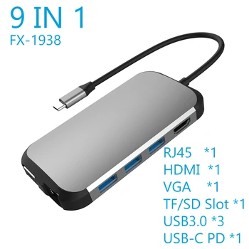 9 1 USB C HUB C Tipo USB 3.0 HDMI suderinamus RJ45 VGA PD 100W Adapterio Tipas-C Docking Station For Macbook Air Pro USB-C 1