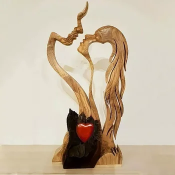 Amžinojo Medžio Puošyba Medinis-Širdies Darbalaukio Skulptūra Pora Bučiavosi Statula Meilės Meno Ornamentai, Papuošalai, Namų 20