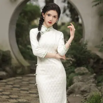 2023 Naujas Kinų Stiliaus Rudenį Plunksnų Pliušinis Nėrinių Ilga Suknelė Kinijos liaudies Respublika, Literatūra Retro Stiliaus Moterų Qipao 2