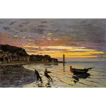 Rankų Darbo Claude Monet Aliejaus Tapybai Reprodukcijai Traukti Valtis Į Krantą Honfleur 