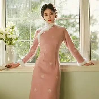 Iki 2023 M. Rudens Žiemos Elegantiškas, Vilnoniai Snaigės Išsiuvinėti Ilgas Rankovėmis Cheongsams Moterų Šiuolaikinės Harajuku Vestido Chino Azijos Suknelė