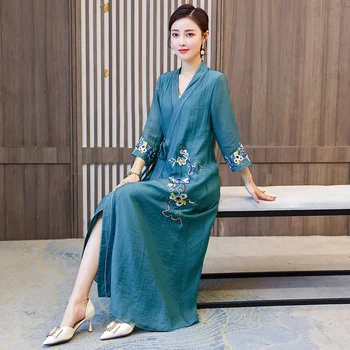 Šiuolaikinės Hanfu Moterų Siuvinėjimas V-Kaklo Derliaus Nacionalinės Zen Stiliaus Drabužių Kinų Tradicinė Suknelė Ilgai Eleganti Slim Suknelės