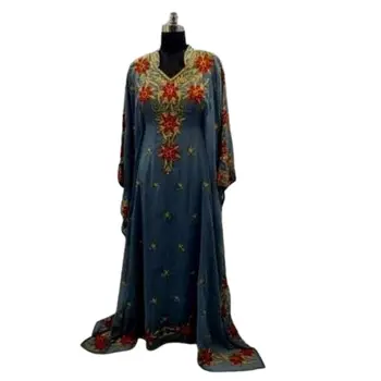 Tamsiai Mėlyna Kurtas V-kaklo Suknelė Tradicinės Liaudies Dubajus Kaftan Maroko Caftan arabų Šalis Nešioti