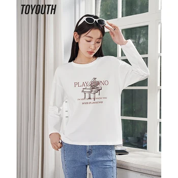Toyouth Moterų Tees 2023 Pavasarį Ilgai Rankovės O Kaklo Laisvus Marškinėlius Fortepijonas Vintage Modelis Balta Juoda Grynos Medvilnės Atsitiktinis Chic Viršūnės 21