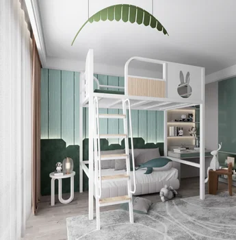 Vaikų geležies meno padidėjęs lova taupo erdvę, su vienu viršutiniame aukšte modernių ir paprastų buitinių mažas palėpėje lovos ir dvipusį
