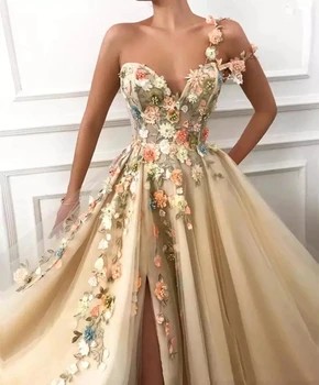 Šampanas Padalinta Prom Dresses 2023 Moterys Šalis Naktį Vestidos Gala Appliques 3D Gėlės Vakare Gown Linijos, Chalatas De Soiree 3