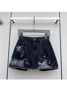 2023 Naujas mados moterų trimatis gėlių džinsinio audinio sijonas Rankų nagų kobalto sijonas, kelnės moterų retro stiliaus