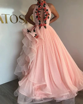 Rožinė Haute Couture Prom Dresses-line Aukštos Apykaklės Tiulio Appliques Saudo Arabija Dubajus Chalatas De Soiree vakarinę Suknelę Suknelė 5
