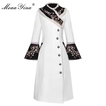 MoaaYina Mados Dizaineris Vilnoniai paltai Žiemos Moterys Triušio kailio apykakle ilgomis rankovėmis Siuvinėjimo Elegantiškas Išlaikyti šiltas Paltas 20