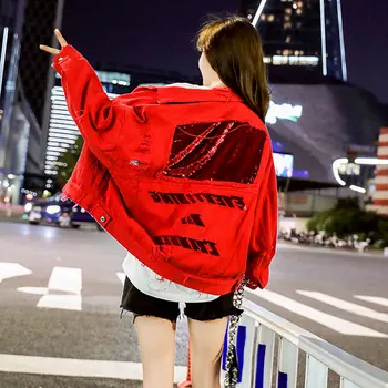 Rudenį Moterų Džinsinio Jacketloose Kišenėje Skylę China Siuvinėjimo Juoda Raudona Moterų Outwear Prarasti Retro Moterys Trumpas Viršūnės 2
