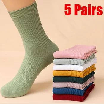 5 Poros Atsitiktinis moterų kojinės vientisos Spalvos Medvilninių kojinių Minkštas Viduryje Vamzdis Rudenį kojinės moterims juokingas kojines kawaii kojinės 35-40 Dydis 1