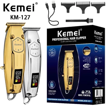 Kemei 127 barbeiro elétrico 6500rpm de íon lítio aparador cabelo ekranas aparador barba para homem metalo completo habitação 12
