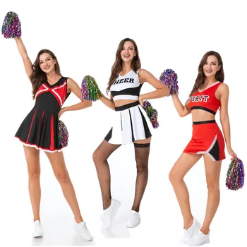 2vnt Moterų Suaugusiųjų Cheerleaders Kostiumas Vienodas Karnavalas Cosplay Apranga Stovėti Apykaklės, Rankovių Pasėlių Viršuje su Mini Klostuotas Sijonas 1